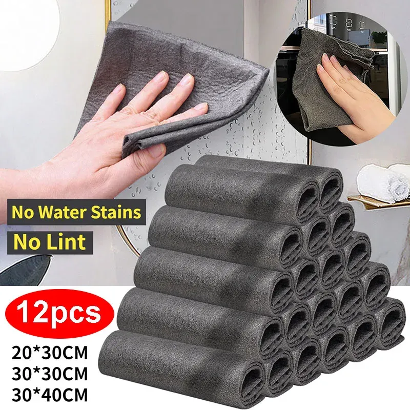 Lot de 12 chiffons de nettoyage en microfibre épais, sans traces, lavables et réutilisables, pour vitres, verres et cuisine - Image 1