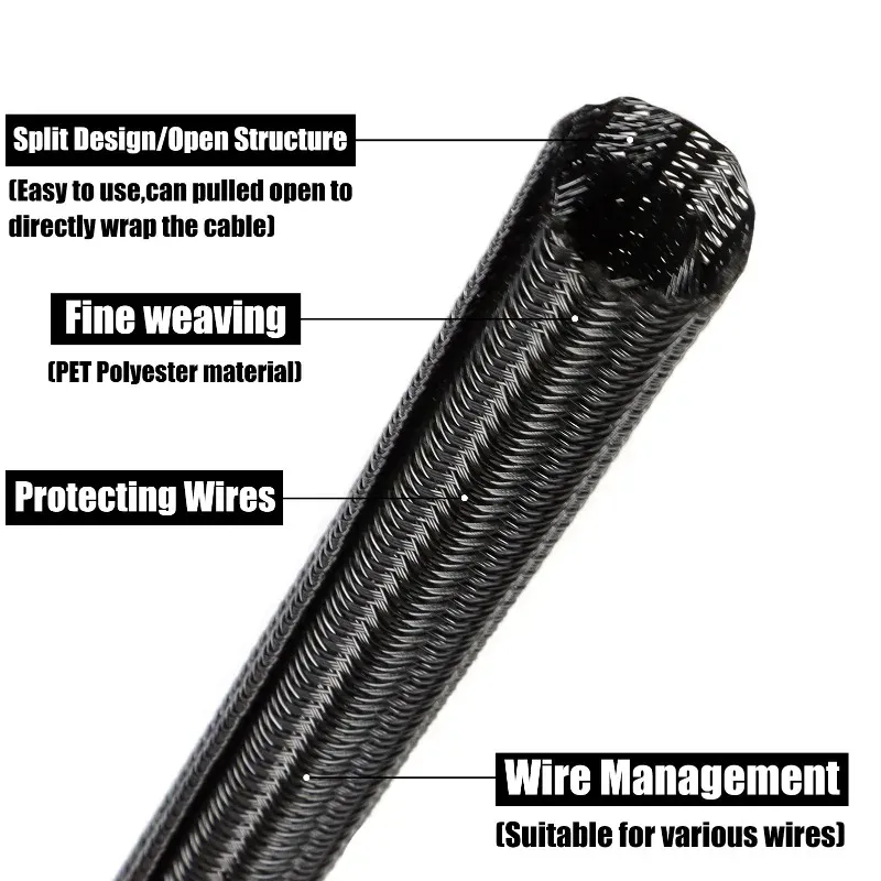 Gaine de câble tressée auto-fermante en PET noir, 2/10 m, diamètre 3 à 50 mm 2