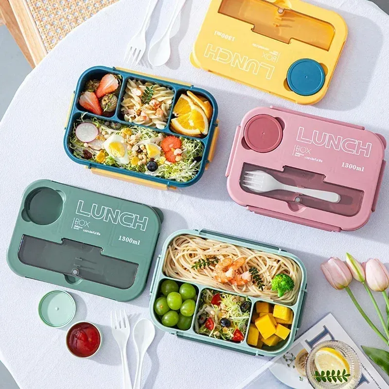 Boîte à déjeuner portable 1300 ml à compartiments, boîte bento pour adultes et enfants avec fourchette et cuillère, récipient de conservation des aliments compatible micro-ondes 3