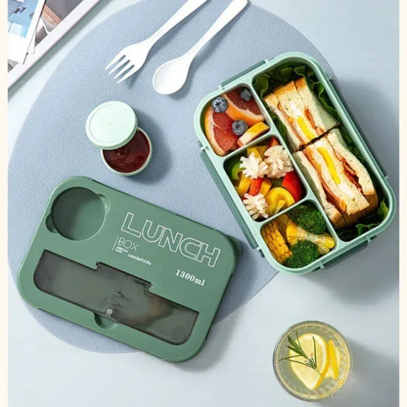 Boîte à déjeuner portable 1300 ml à compartiments, boîte bento pour adultes et enfants avec fourchette et cuillère, récipient de conservation des aliments compatible micro-ondes 5