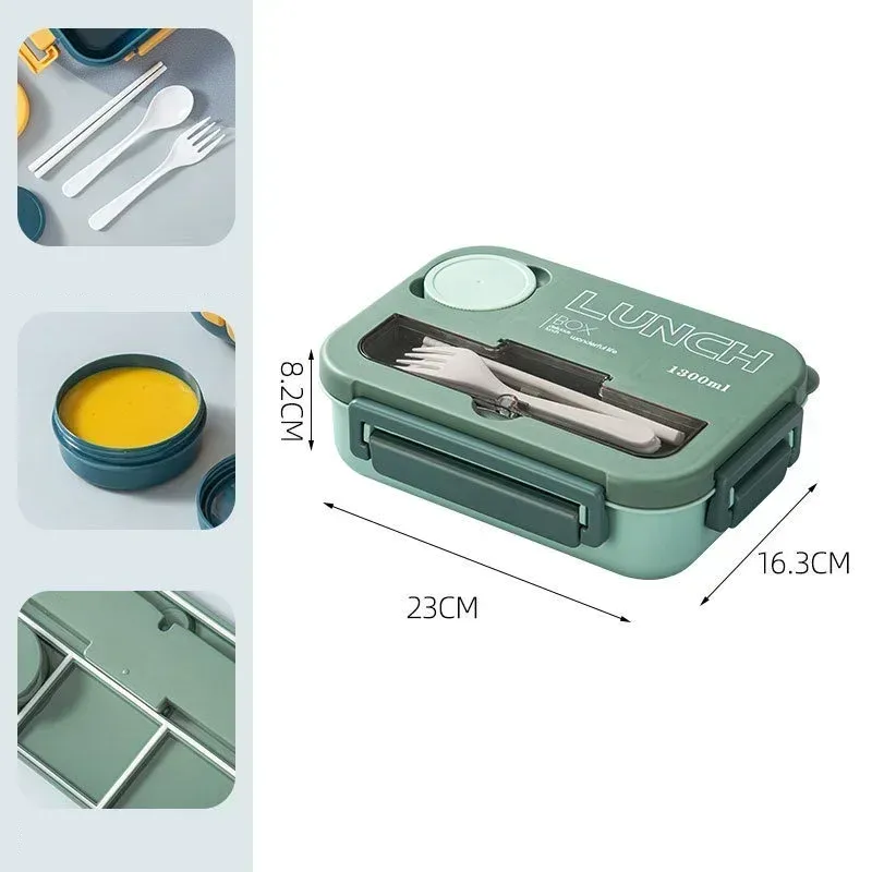 Boîte à déjeuner portable 1300 ml à compartiments, boîte bento pour adultes et enfants avec fourchette et cuillère, récipient de conservation des aliments compatible micro-ondes 9