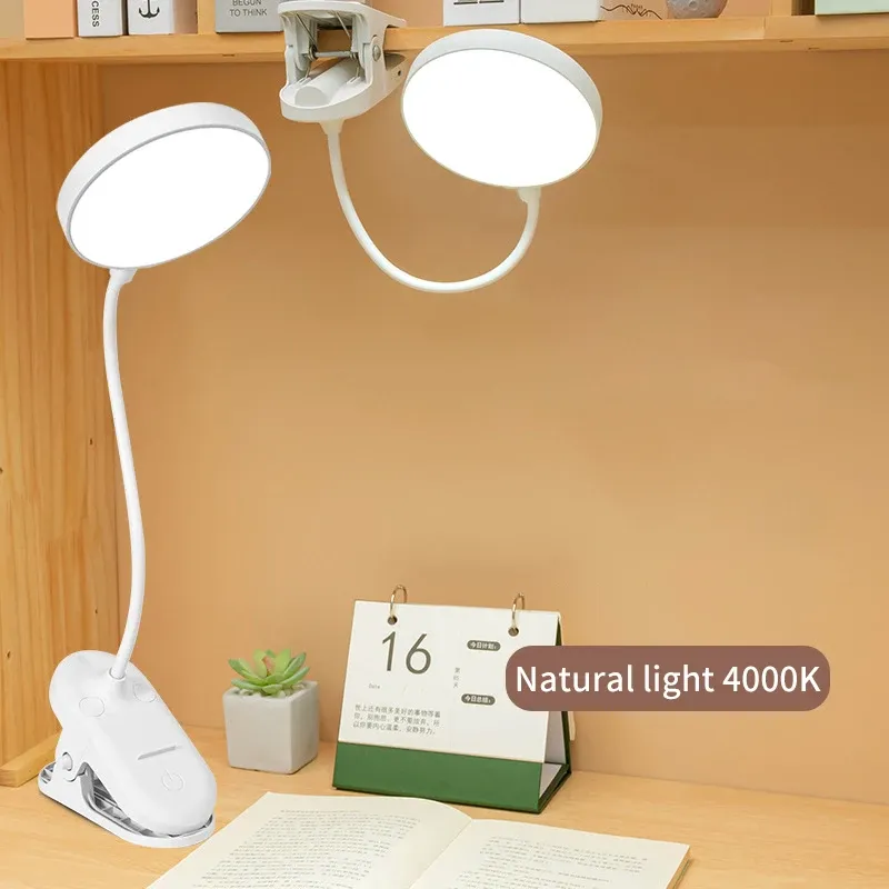 Lampe de table LED rechargeable USB avec pince pliable, lampe de lecture tactile à 3 niveaux de luminosité et éclairage de protection des yeux