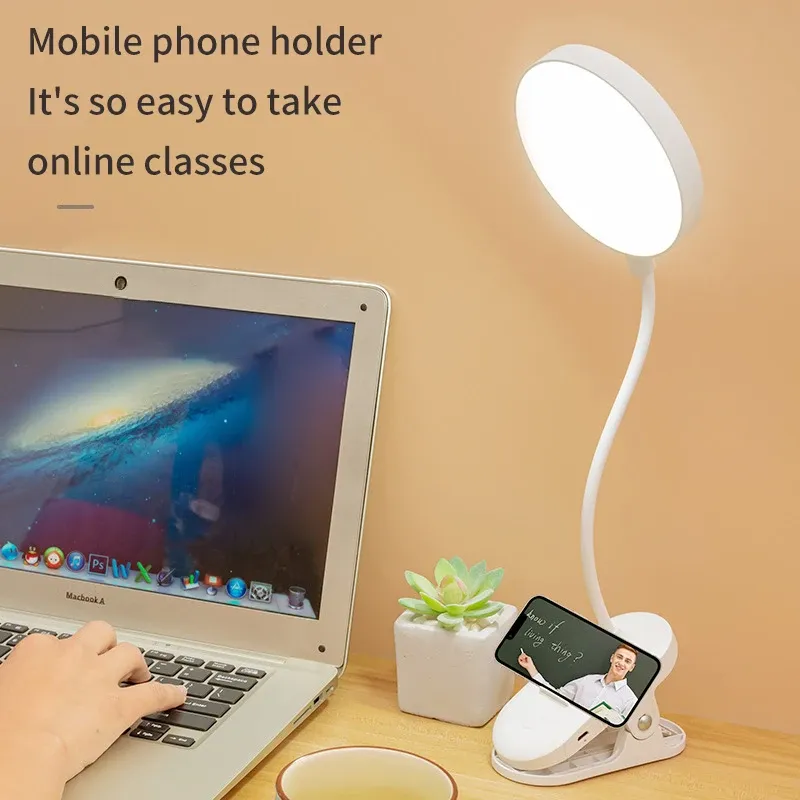 Lampe de table LED rechargeable USB avec pince pliable, lampe de lecture tactile à 3 niveaux de luminosité et éclairage de protection des yeux 5