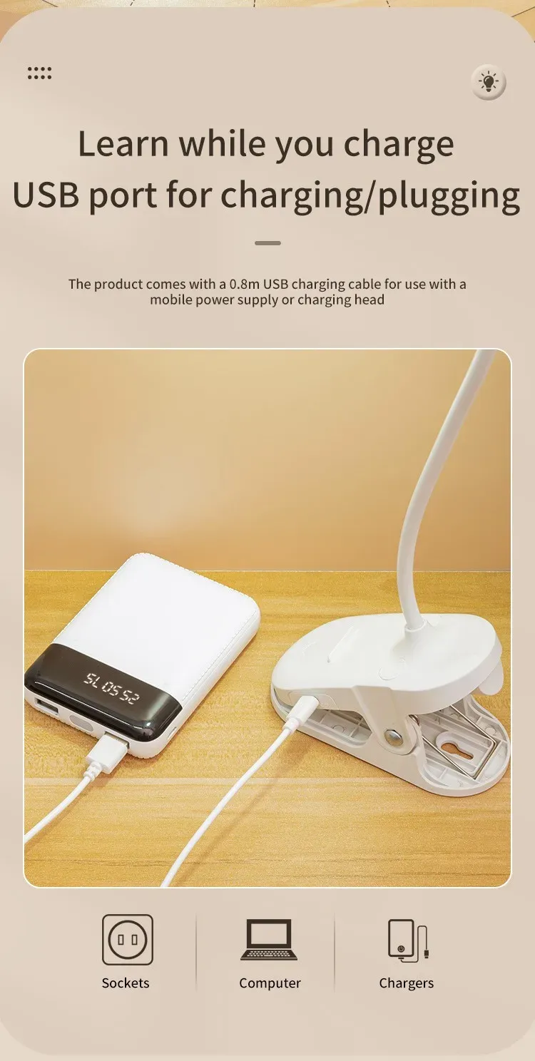 Lampe de table LED rechargeable USB avec pince pliable, lampe de lecture tactile à 3 niveaux de luminosité et éclairage de protection des yeux 6