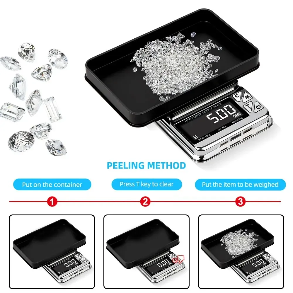 Balance de cuisine numérique de précision 500 g / 100 g, écran LCD, charge USB, acier inoxydable, format de poche 3