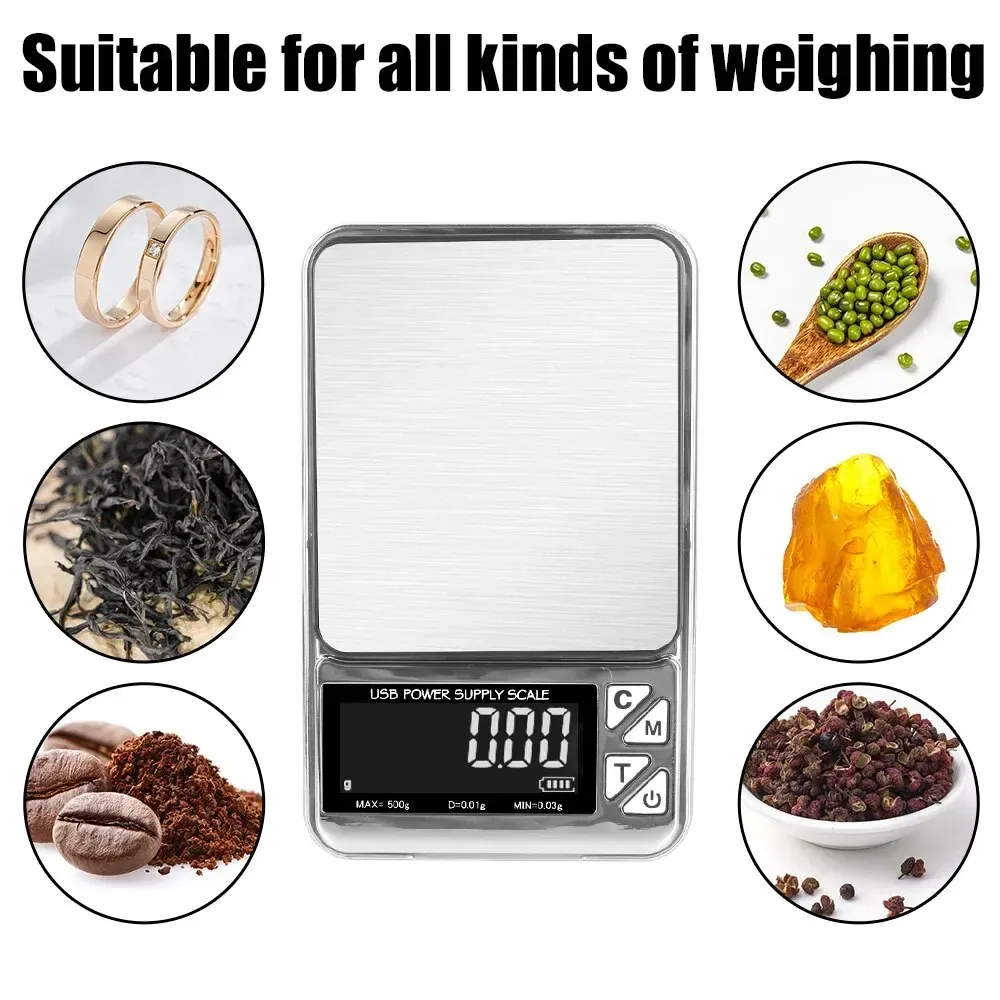 Balance de cuisine numérique de précision 500 g / 100 g, écran LCD, charge USB, acier inoxydable, format de poche 2
