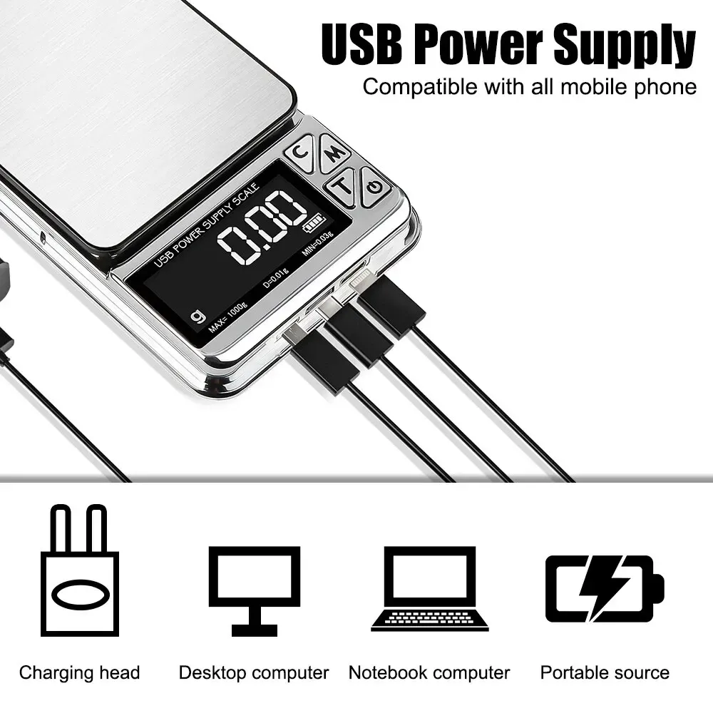 Balance de cuisine numérique de précision 500 g / 100 g, écran LCD, charge USB, acier inoxydable, format de poche 4