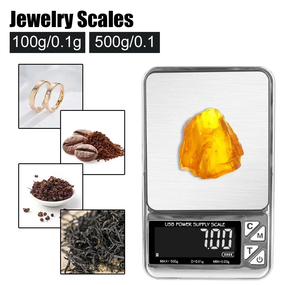Balance de cuisine numérique de précision 500 g / 100 g, écran LCD, charge USB, acier inoxydable, format de poche 5