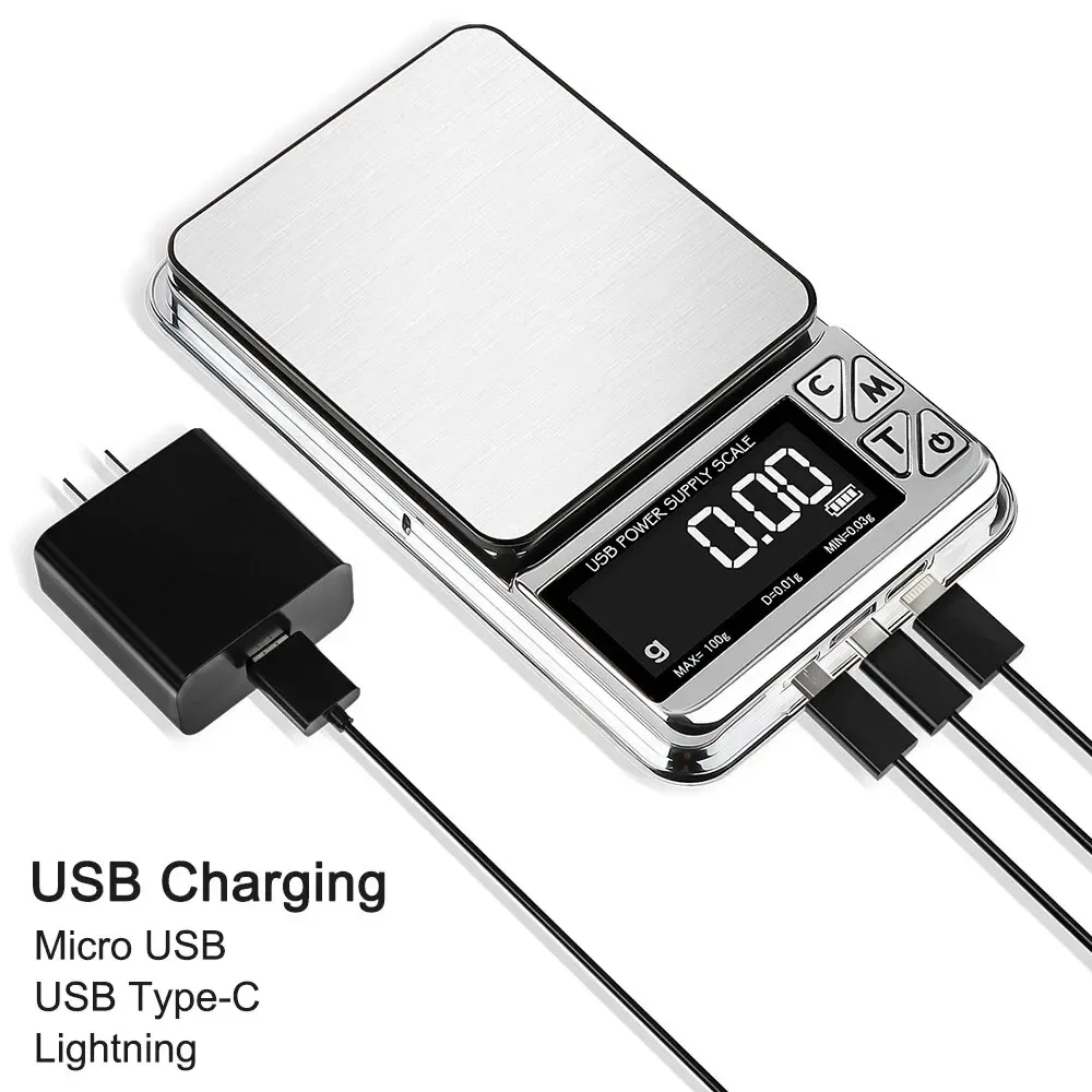 Balance de cuisine numérique de précision 500 g / 100 g, écran LCD, charge USB, acier inoxydable, format de poche 6