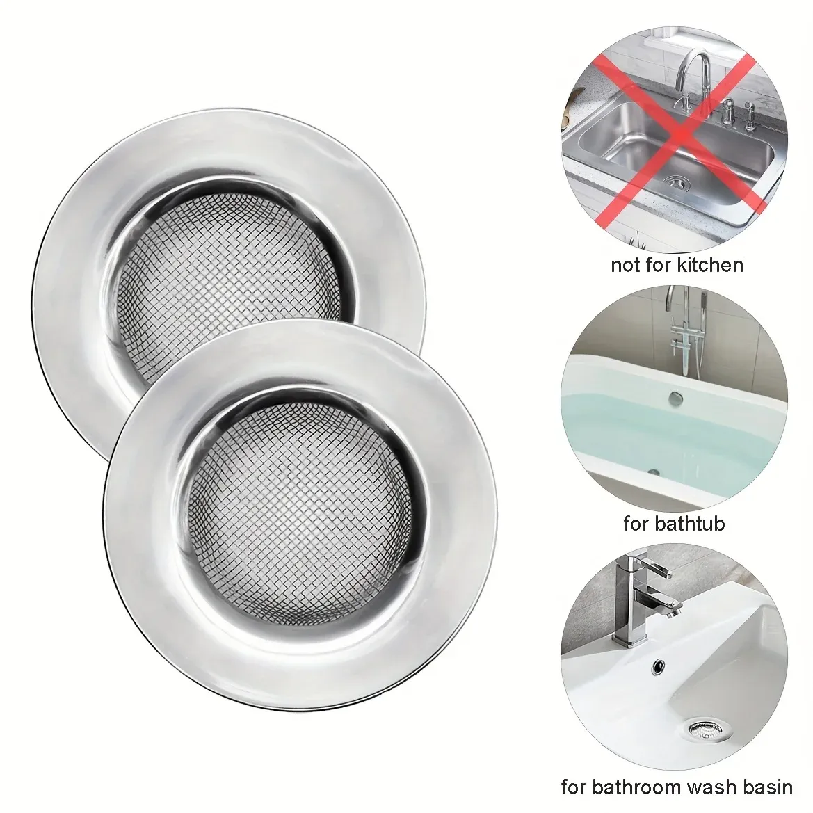 Crépines de baignoire en acier inoxydable (lot de 2), crépine d'évier de salle de bain, crépine de douche pour retenir les cheveux, crépine de vidange pour lave-linge - Image 1