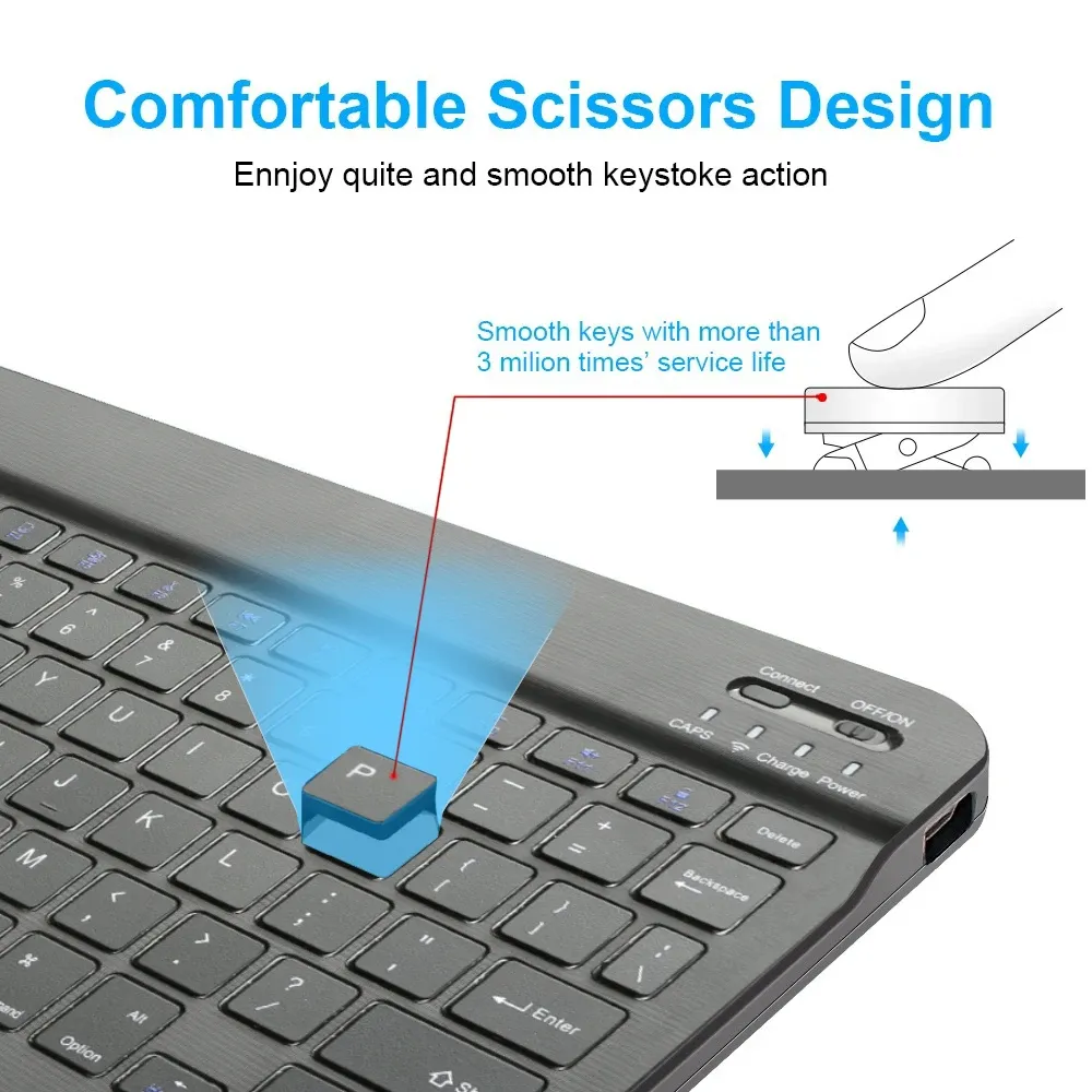 Clavier sans fil Bluetooth ultra-fin pour tablette Android et iOS, 78 touches, rechargeable, design compact pour iPad 5