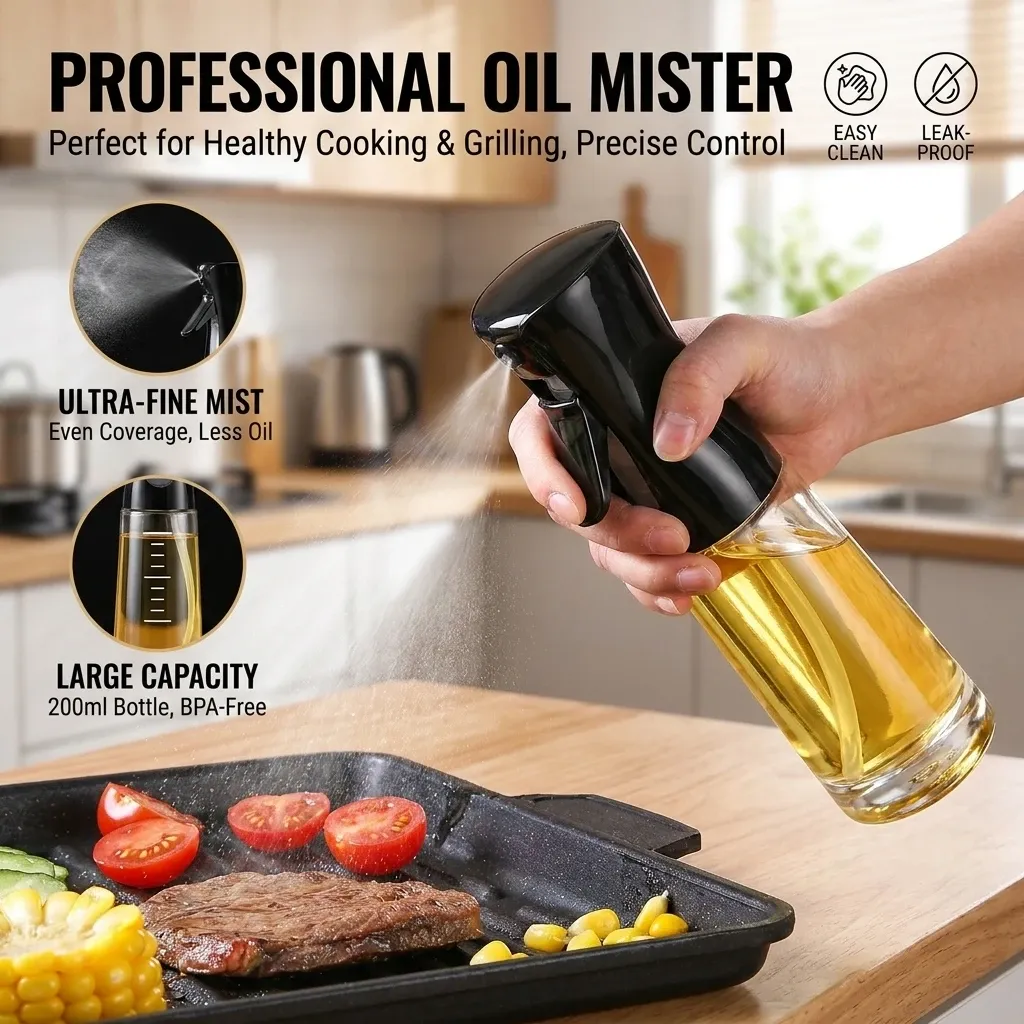Vaporisateur d'huile de cuisine rechargeable pour la cuisson, pulvérisateur d'huile d'olive pour le camping, barbecue, pâtisserie, vinaigre et sauce soja, 200 ml / 300 ml - Image 1