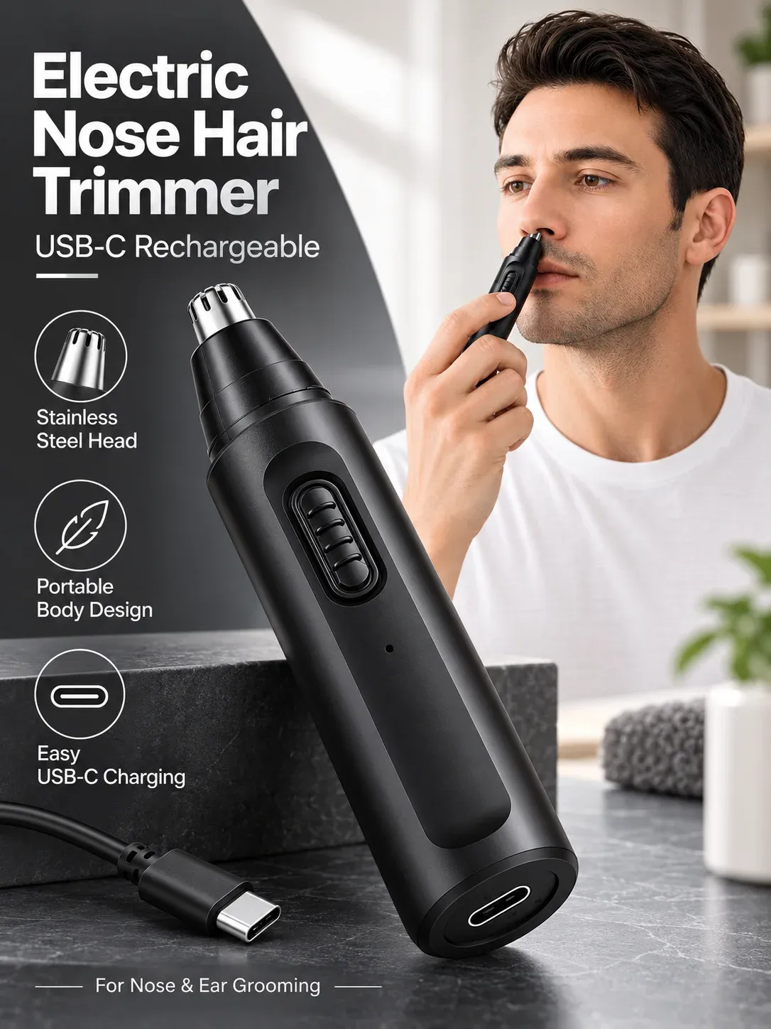 Tondeuse électrique pour le nez et les oreilles, rechargeable par USB-C, tête en acier inoxydable, mixte