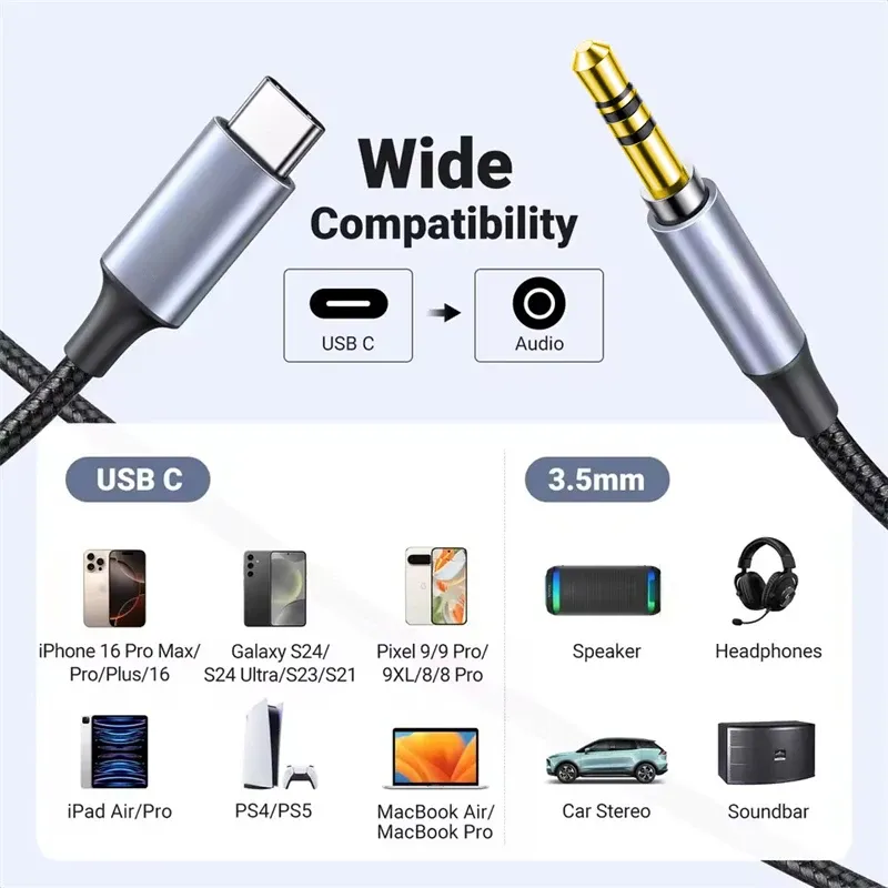 Câble audio USB-C vers Jack 3,5 mm pour iPhone 16 Pro Max, Samsung S24 Ultra et Xiaomi, compatible autoradio et casque, cordon AUX 4