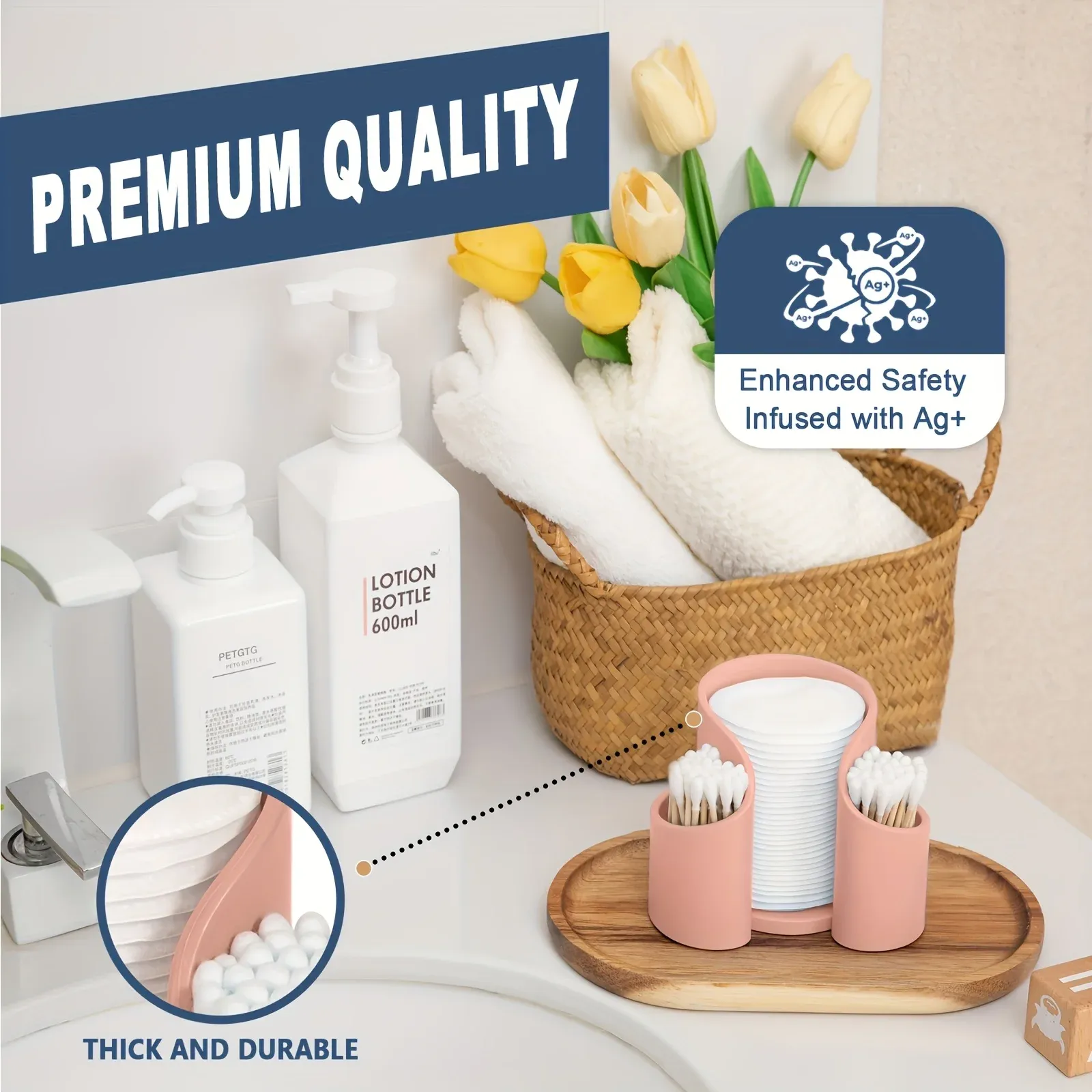 Organisateur compact pour salle de bain avec support de tapis, distributeur de cotons-tiges et rangement pour maquillage 3