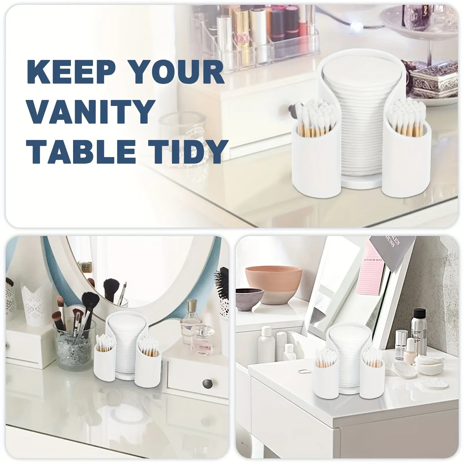 Organisateur compact pour salle de bain avec support de tapis, distributeur de cotons-tiges et rangement pour maquillage 5