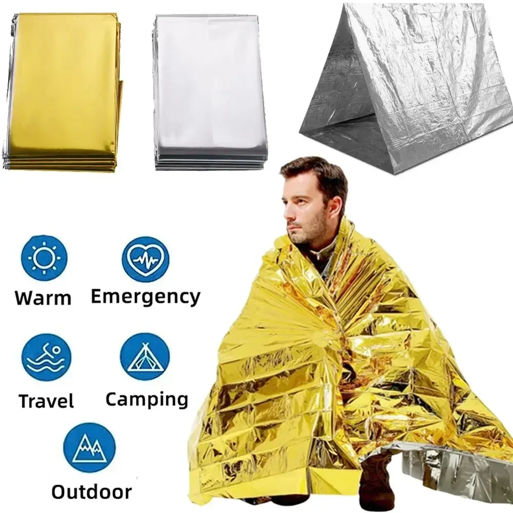 Poncho couverture de survie thermique, légère, pliable, imperméable, coupe-vent, pare-soleil, réutilisable, couverture de camping pour premiers secours - Image 1