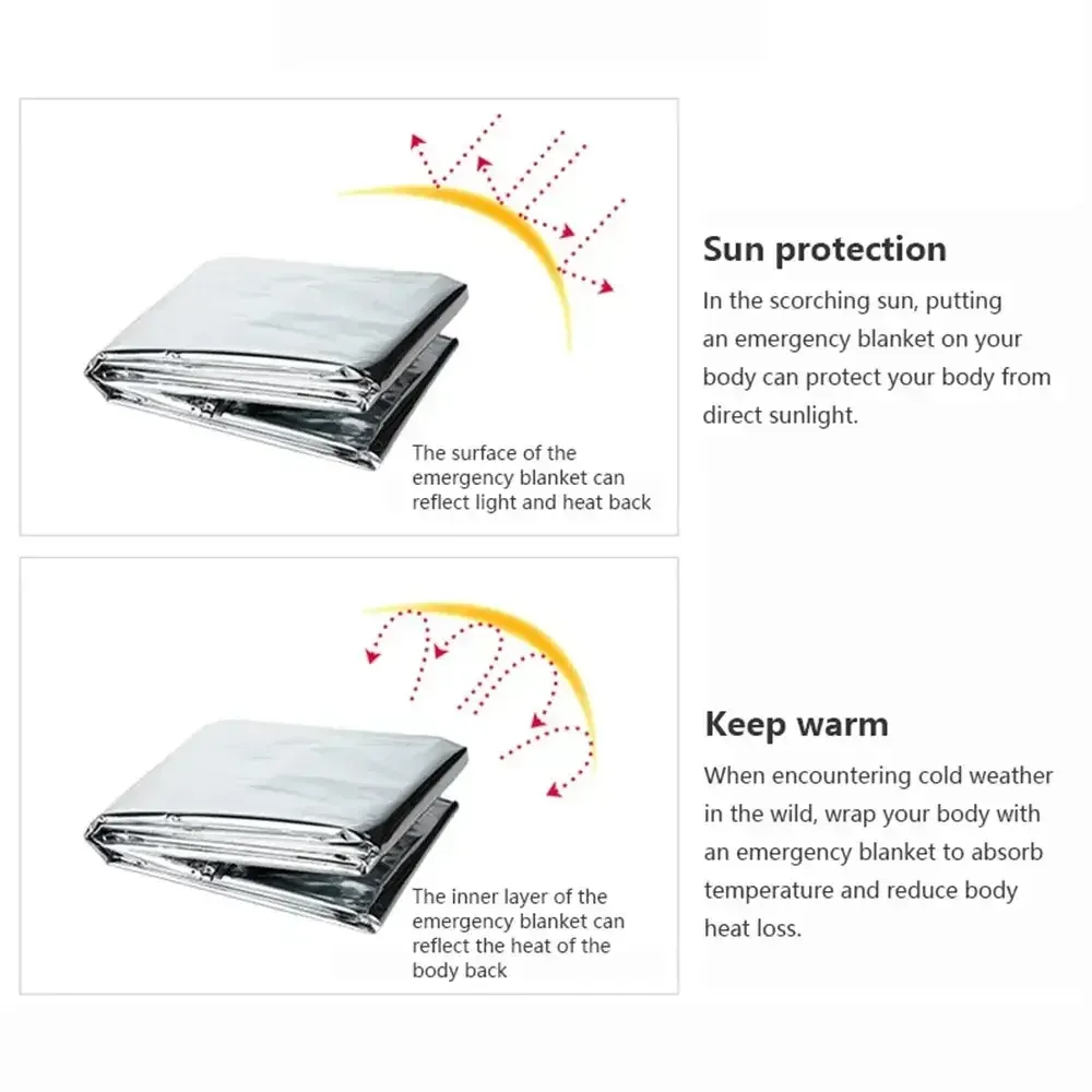 Poncho couverture de survie thermique, légère, pliable, imperméable, coupe-vent, pare-soleil, réutilisable, couverture de camping pour premiers secours 3