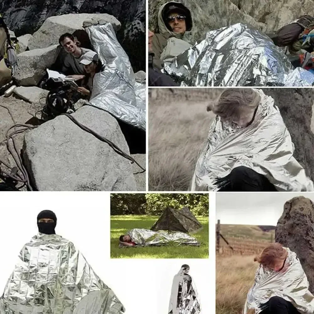 Poncho couverture de survie thermique, légère, pliable, imperméable, coupe-vent, pare-soleil, réutilisable, couverture de camping pour premiers secours 6