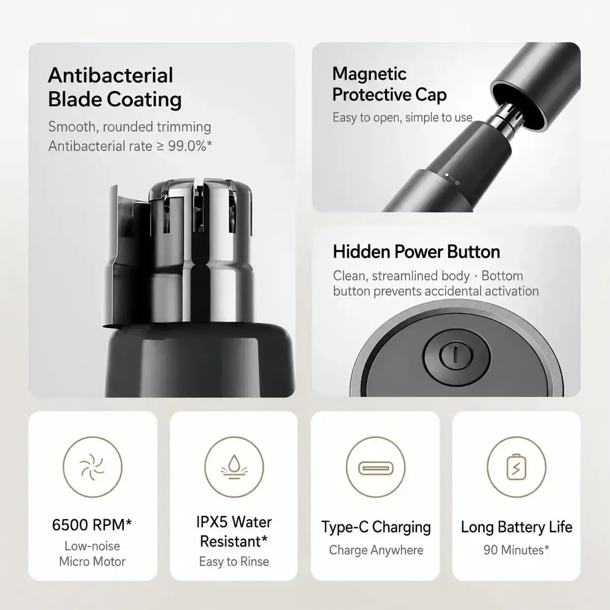 Tondeuse électrique pour poils de nez Xiaomi, étanche IPX5, lame antibactérienne, format mini rechargeable USB-C 2