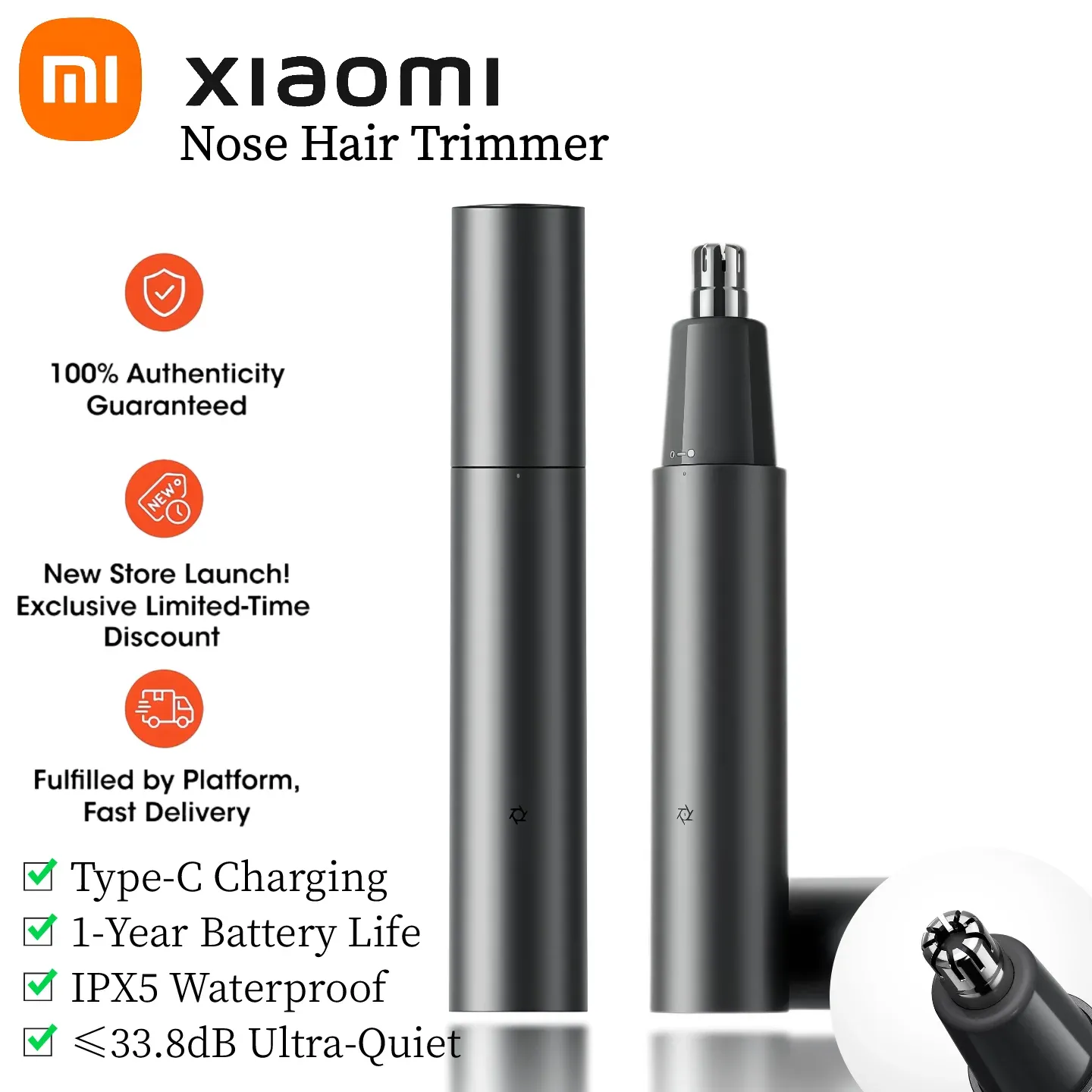 Tondeuse électrique pour poils de nez Xiaomi, étanche IPX5, lame antibactérienne, format mini rechargeable USB-C - Image 1