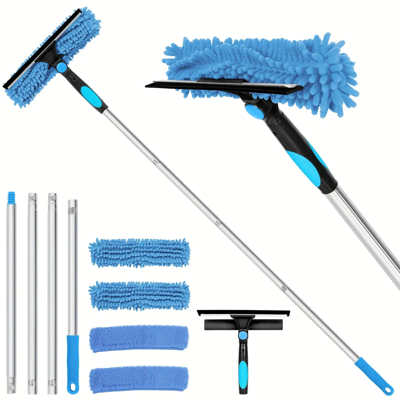 Ensemble de raclettes de nettoyage de vitres 2 en 1 (comprend 1 tête rotative et 4 têtes de brosse remplaçables) (comprend une rallonge) - Image 1