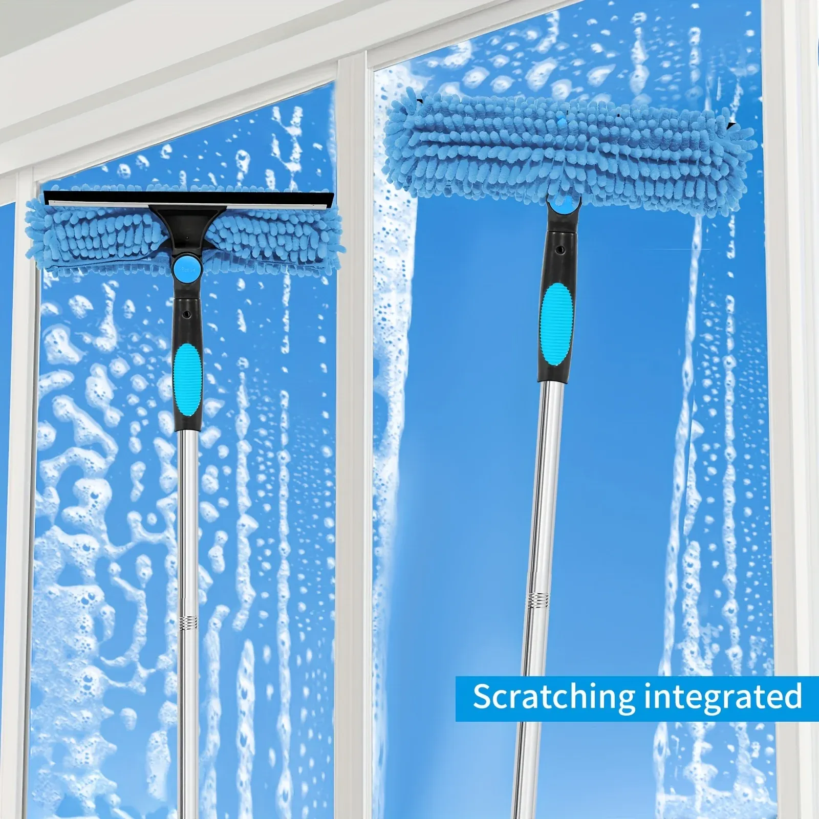 Ensemble de raclettes de nettoyage de vitres 2 en 1 (comprend 1 tête rotative et 4 têtes de brosse remplaçables) (comprend une rallonge) 2