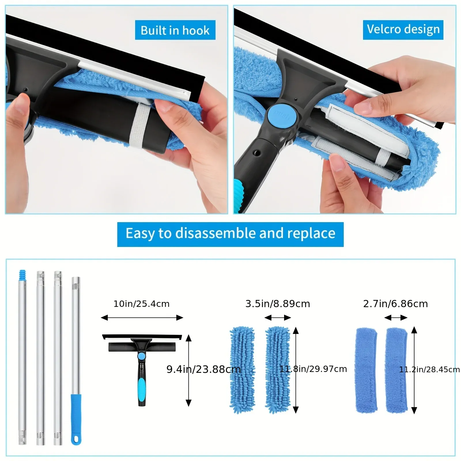 Ensemble de raclettes de nettoyage de vitres 2 en 1 (comprend 1 tête rotative et 4 têtes de brosse remplaçables) (comprend une rallonge) 4