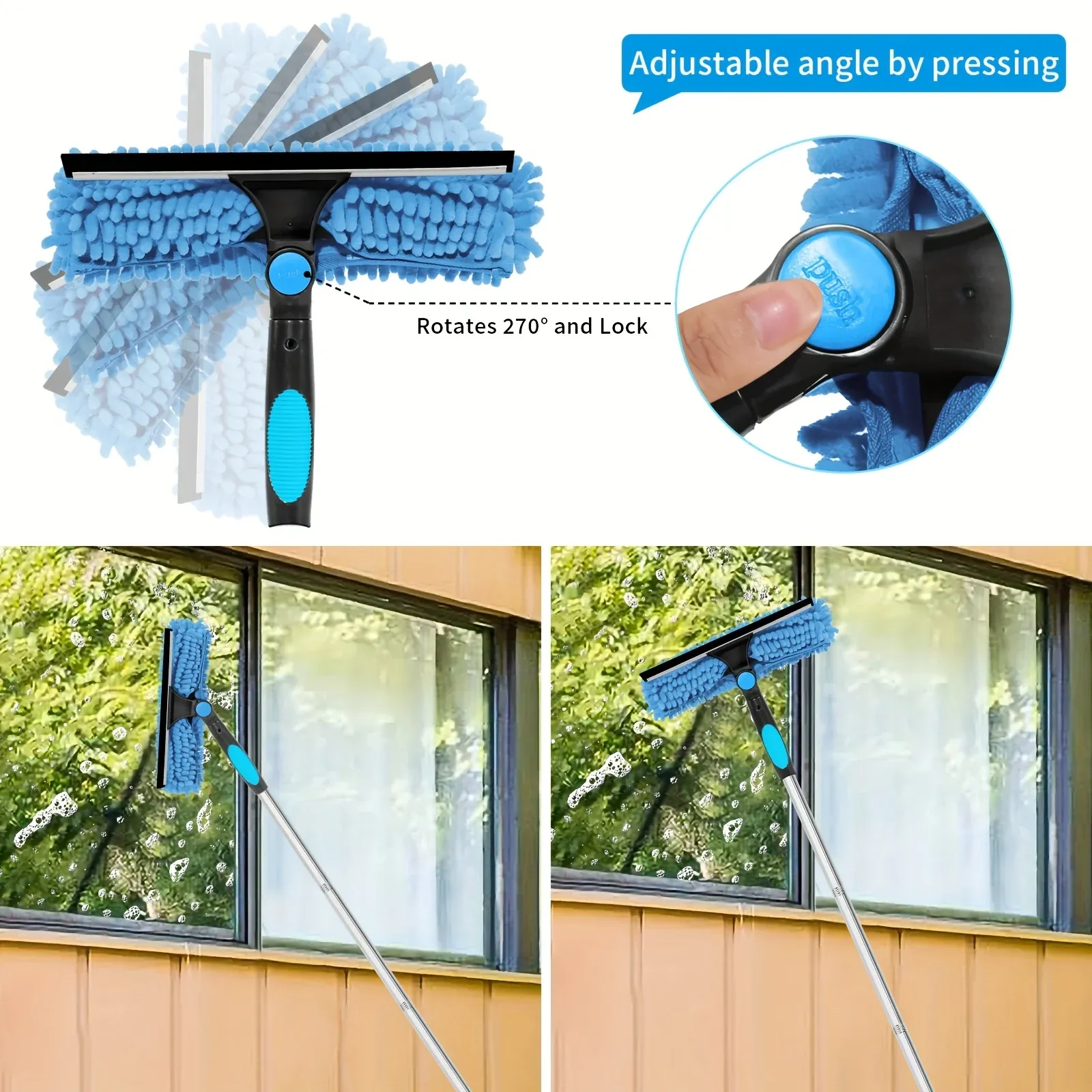 Ensemble de raclettes de nettoyage de vitres 2 en 1 (comprend 1 tête rotative et 4 têtes de brosse remplaçables) (comprend une rallonge) 5
