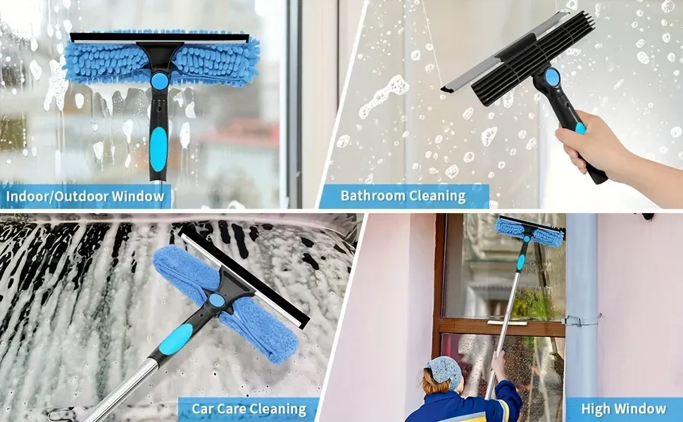 Grattoir de vitres 2 en 1 avec ses têtes de brosse remplaçables