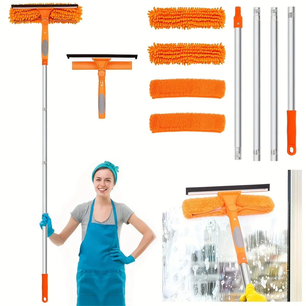 Ensemble de raclettes de nettoyage de vitres 2 en 1 (comprend 1 tête rotative et 4 têtes de brosse remplaçables) (comprend une rallonge) 9