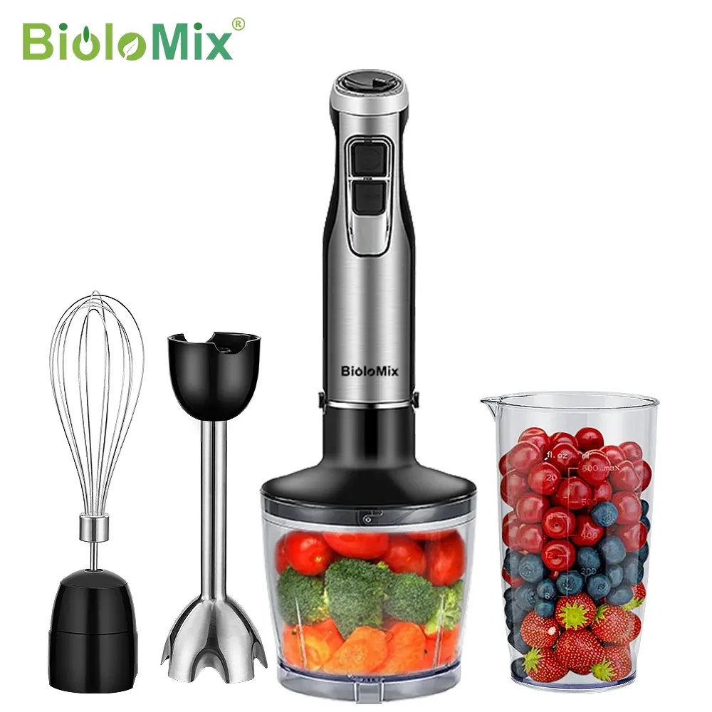 BioloMix 4 en 1 Mixeur plongeant haute puissance 1200 W avec bol hachoir et lames inox pour smoothies et glace