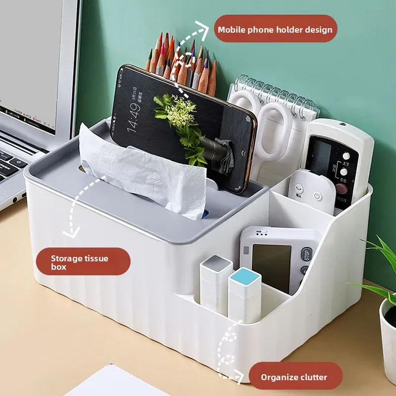 Organisateur de bureau à 6 compartiments – Boîte à mouchoirs multifonction avec support de télécommande, rangement en plastique pour salon, cuisine et bureau 3