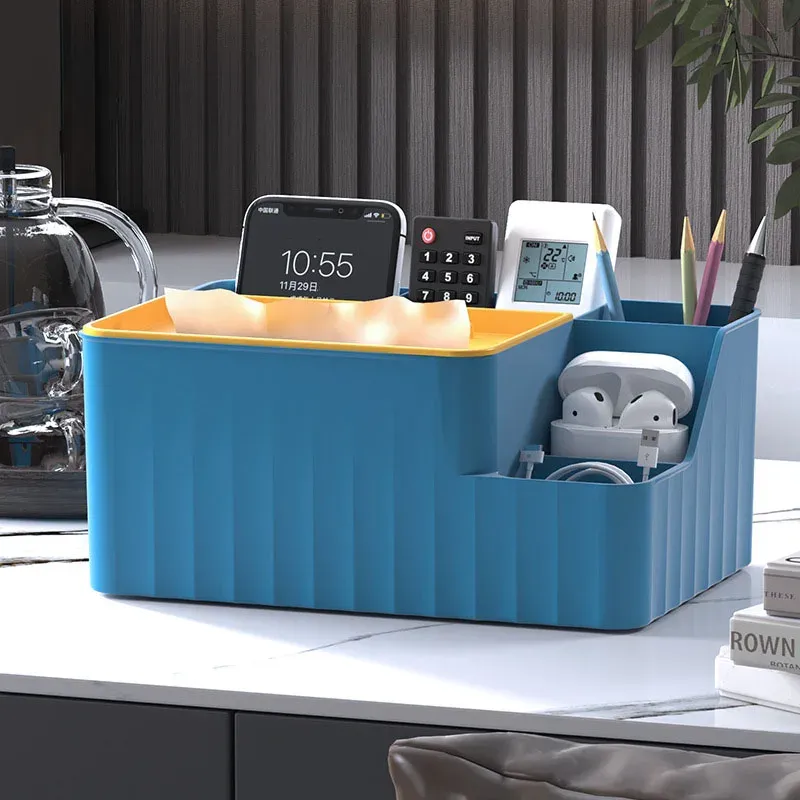 Organisateur de bureau à 6 compartiments – Boîte à mouchoirs multifonction avec support de télécommande, rangement en plastique pour salon, cuisine et bureau 2