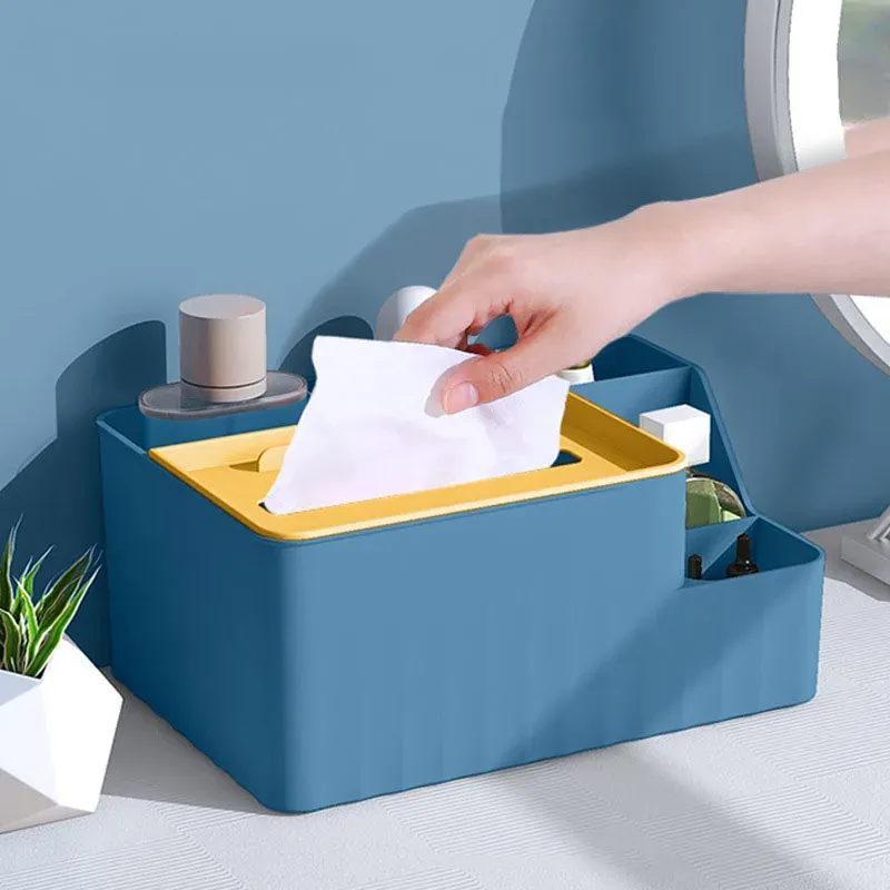 Organisateur de bureau à 6 compartiments – Boîte à mouchoirs multifonction avec support de télécommande, rangement en plastique pour salon, cuisine et bureau 4