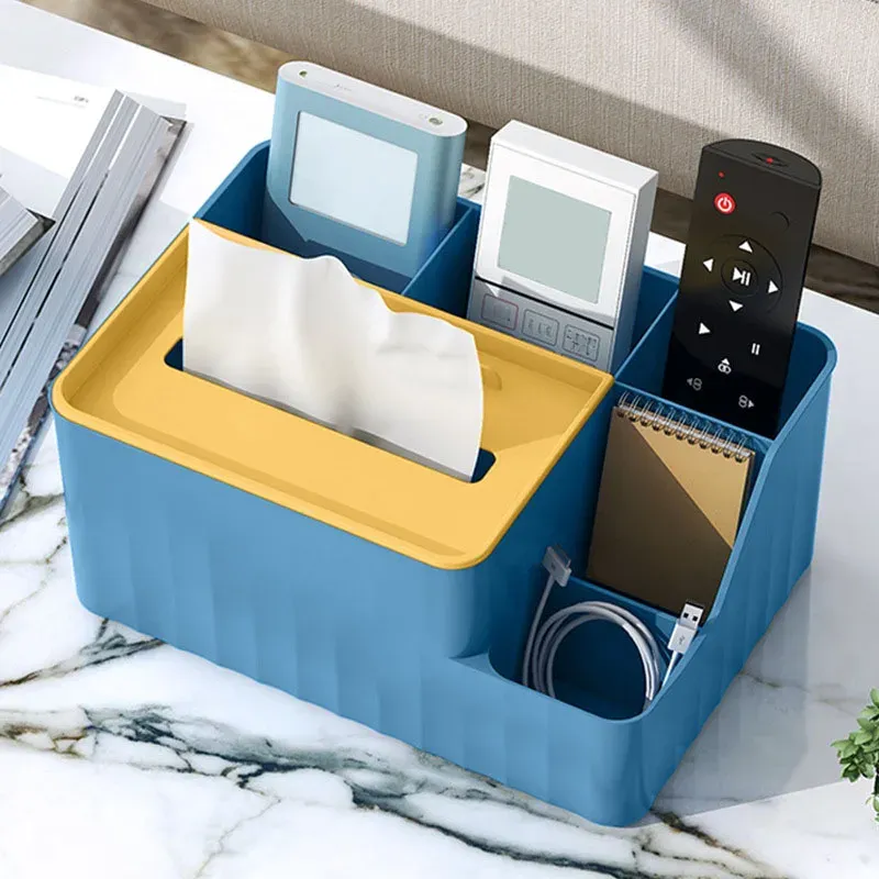 Organisateur de bureau à 6 compartiments – Boîte à mouchoirs multifonction avec support de télécommande, rangement en plastique pour salon, cuisine et bureau 6