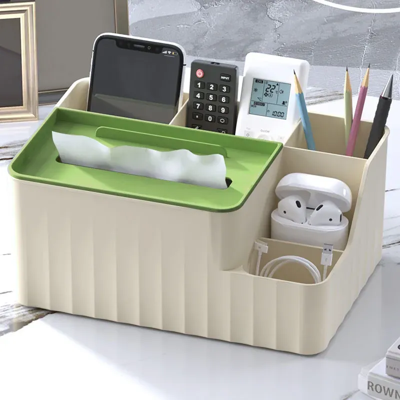 Organisateur de bureau à 6 compartiments – Boîte à mouchoirs multifonction avec support de télécommande, rangement en plastique pour salon, cuisine et bureau 8