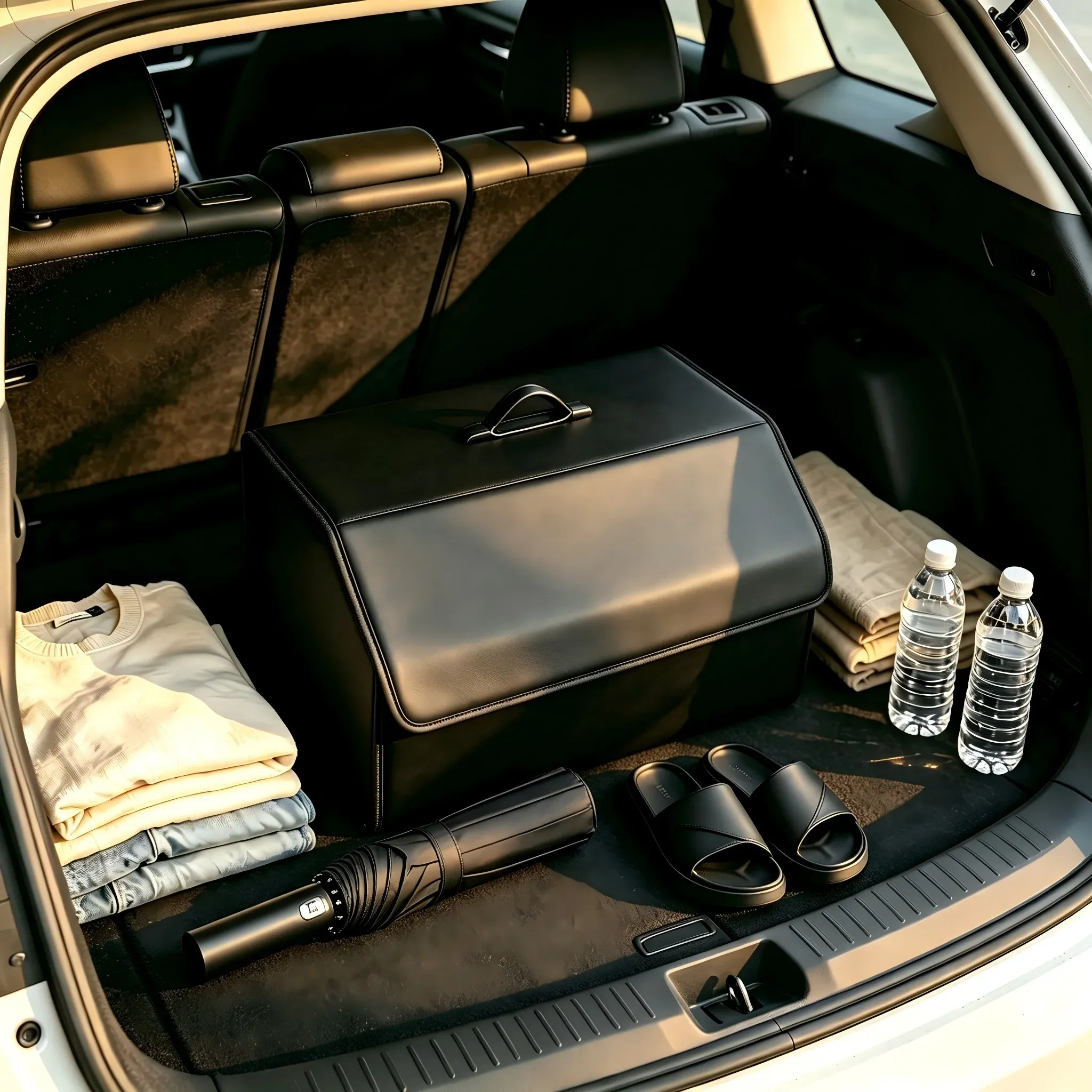 Boîte de rangement en cuir PU pliable, organisateur de coffre de voiture polyvalent 2