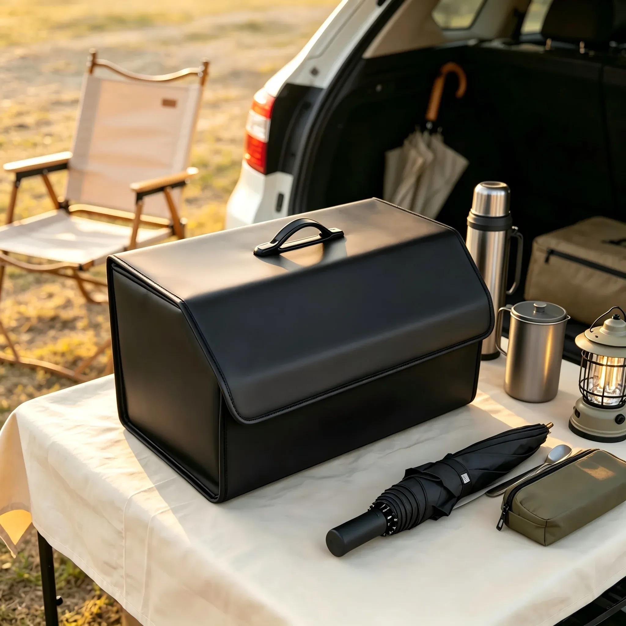 Boîte de rangement en cuir PU pliable, organisateur de coffre de voiture polyvalent 4