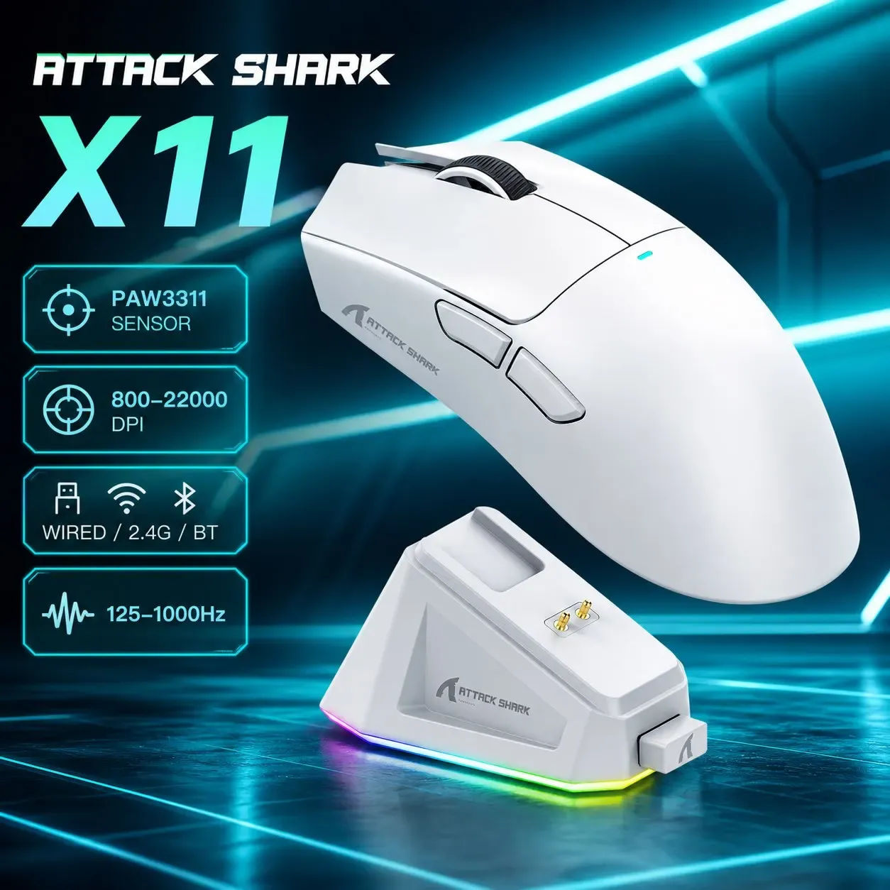 ATTACK SHARK X11 Souris Gaming sans fil tri-mode, capteur PAW3311, jusqu'à 1000 Hz, 59 ± 3 g