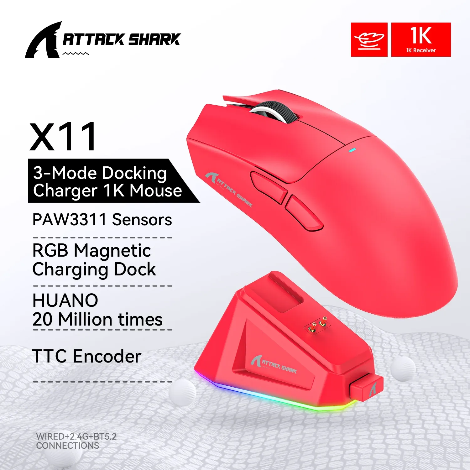 ATTACK SHARK X11 Souris Gaming sans fil tri-mode, capteur PAW3311, jusqu'à 1000 Hz, 59 ± 3 g 9