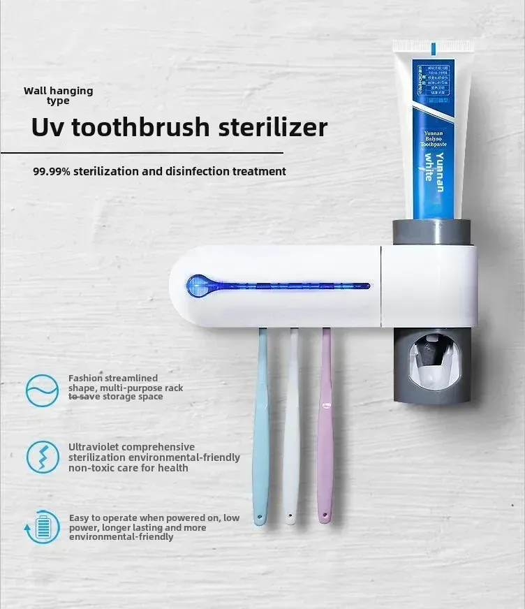 Support mural automatique pour brosse à dents avec stérilisateur UV solaire et porte-dentifrice 4
