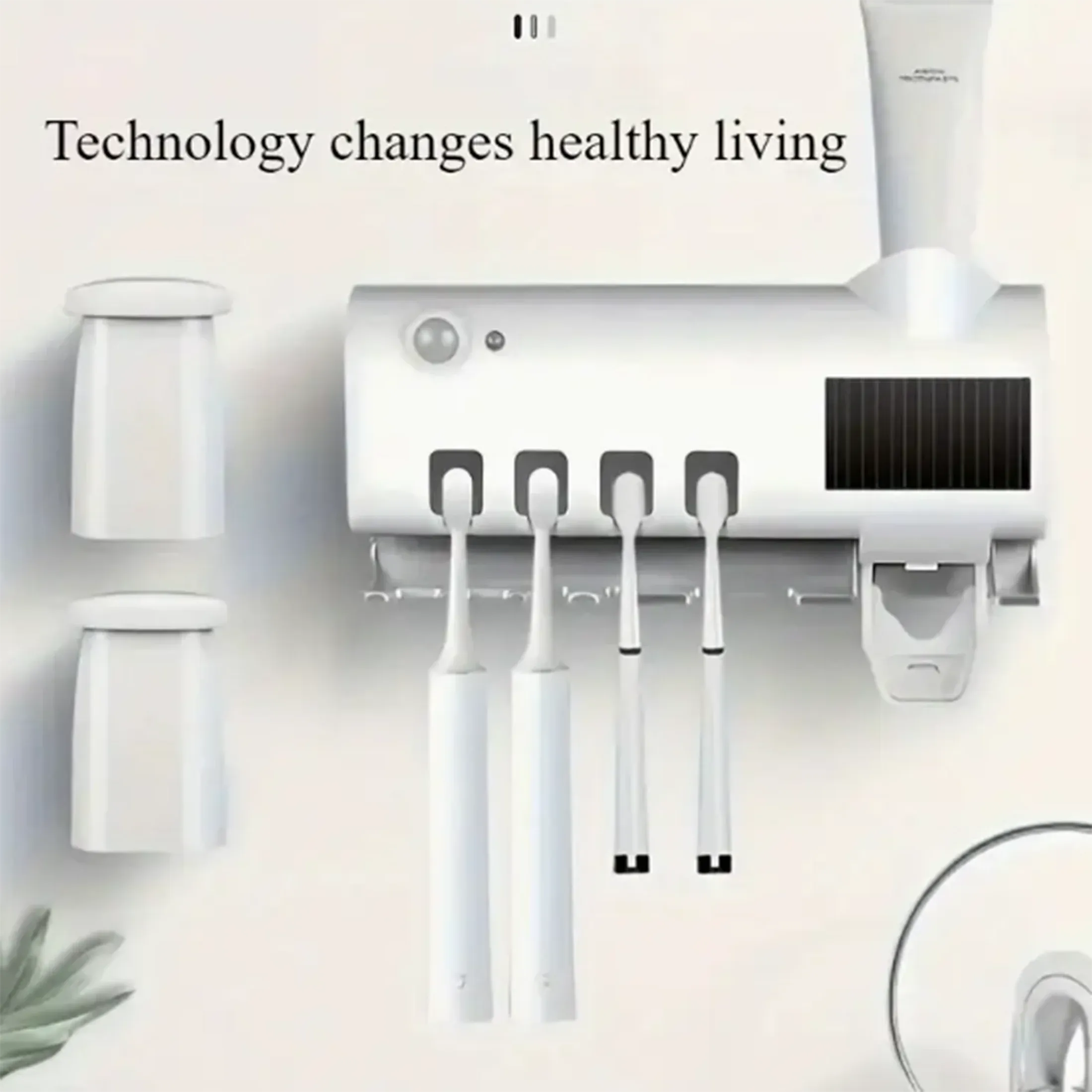 Support mural automatique pour brosse à dents avec stérilisateur UV solaire et porte-dentifrice 6