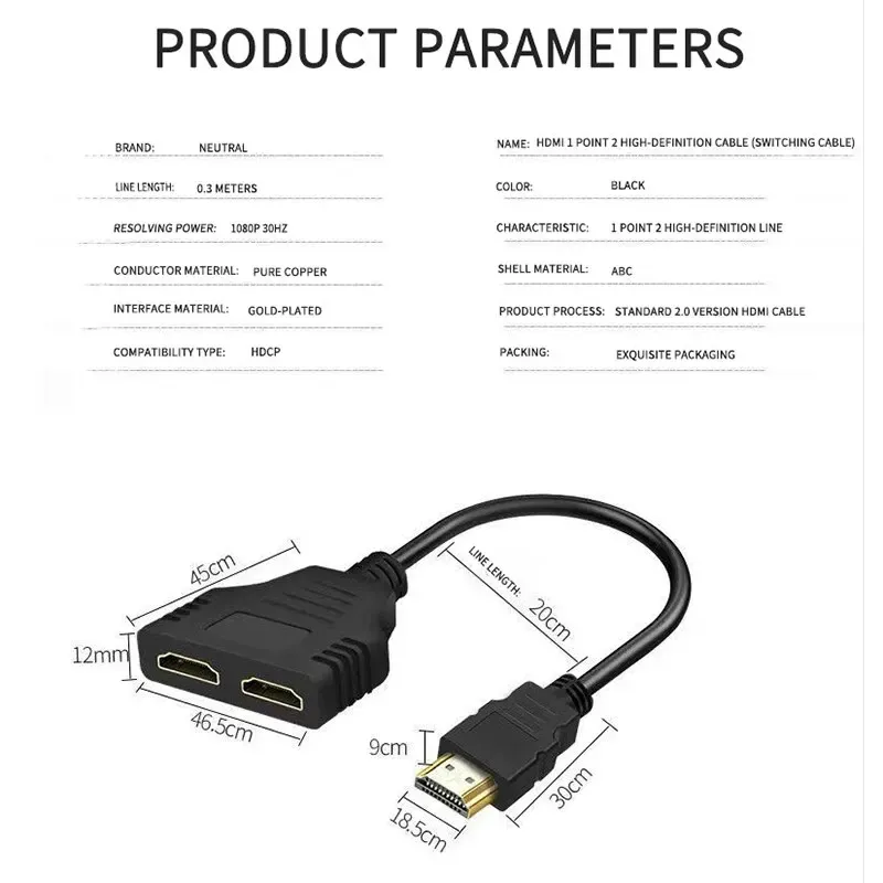 Câble séparateur HDMI professionnel 1 mâle vers 2 femelles, en Y, compatible 4K et 3D 5