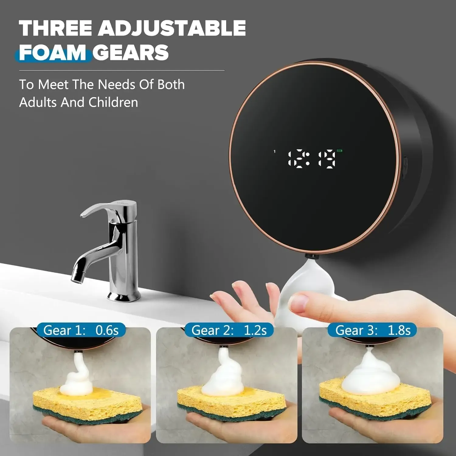 Distributeur automatique de savon moussant sans contact avec support mural, affichage LED de la température et recharge USB 5