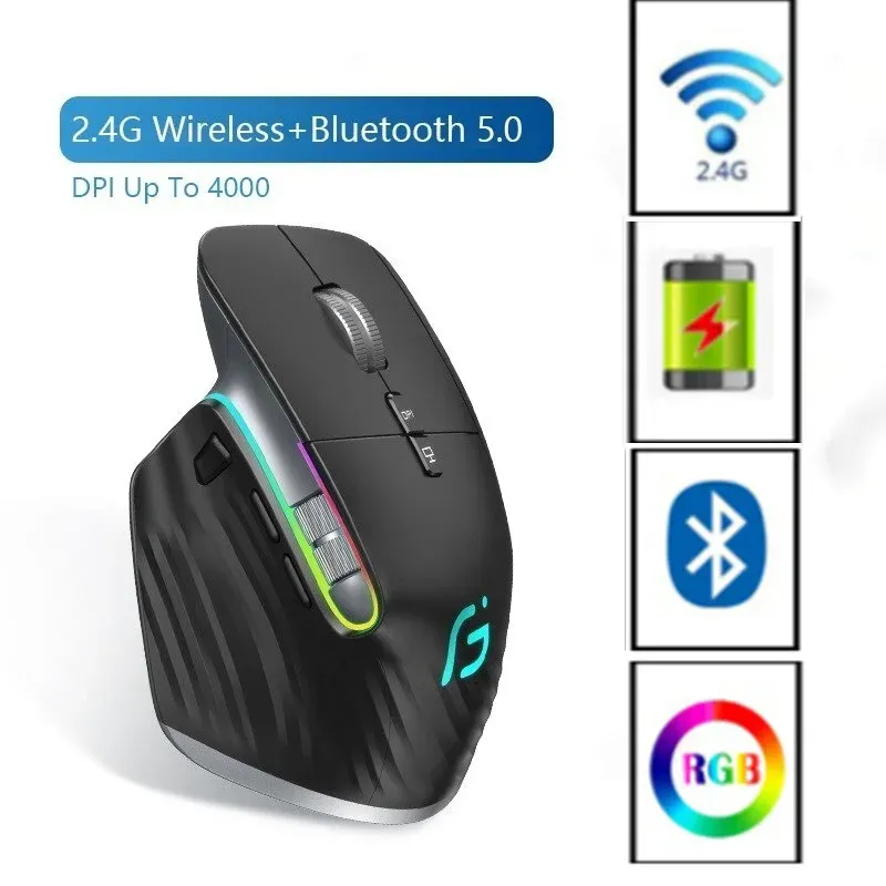 Souris sans fil Bluetooth 2.4 GHz, RVB, design ergonomique, pour ordinateur de bureau et gaming