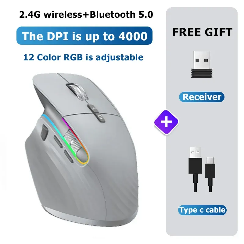 Souris sans fil Bluetooth 2.4 GHz, RVB, design ergonomique, pour ordinateur de bureau et gaming 7