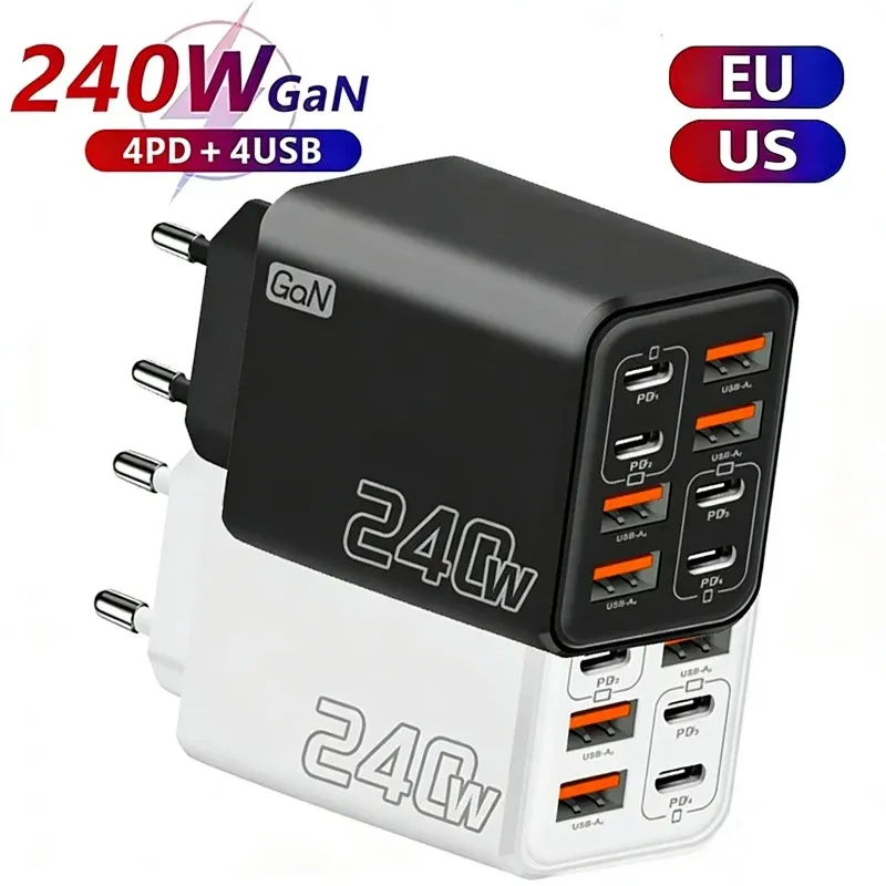 Chargeur de bureau GaN 8 en 1, 240 W, 4 ports USB-C PD et 4 ports USB-A, compatible iPhone 16, iPhone 15 Pro, Samsung et Xiaomi, adaptateur secteur prises UE et US