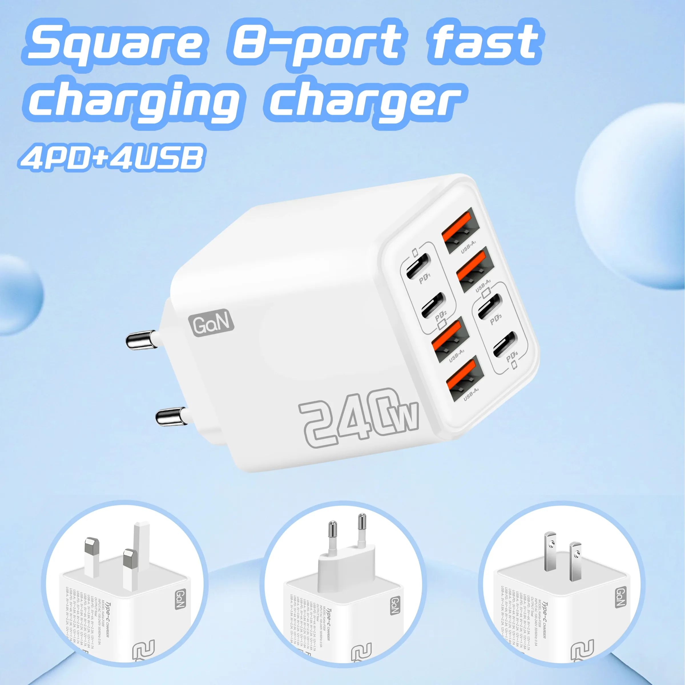 Chargeur de bureau GaN 8 en 1, 240 W, 4 ports USB-C PD et 4 ports USB-A, compatible iPhone 16, iPhone 15 Pro, Samsung et Xiaomi, adaptateur secteur prises UE et US 2