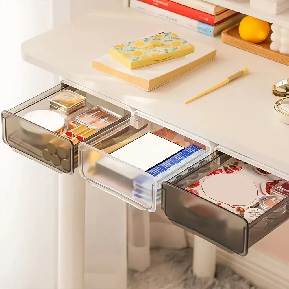 Tiroir de rangement sous bureau, organiseur invisible sans perçage, boîte de rangement extractible à fixer sous le plan de travail - Image 1
